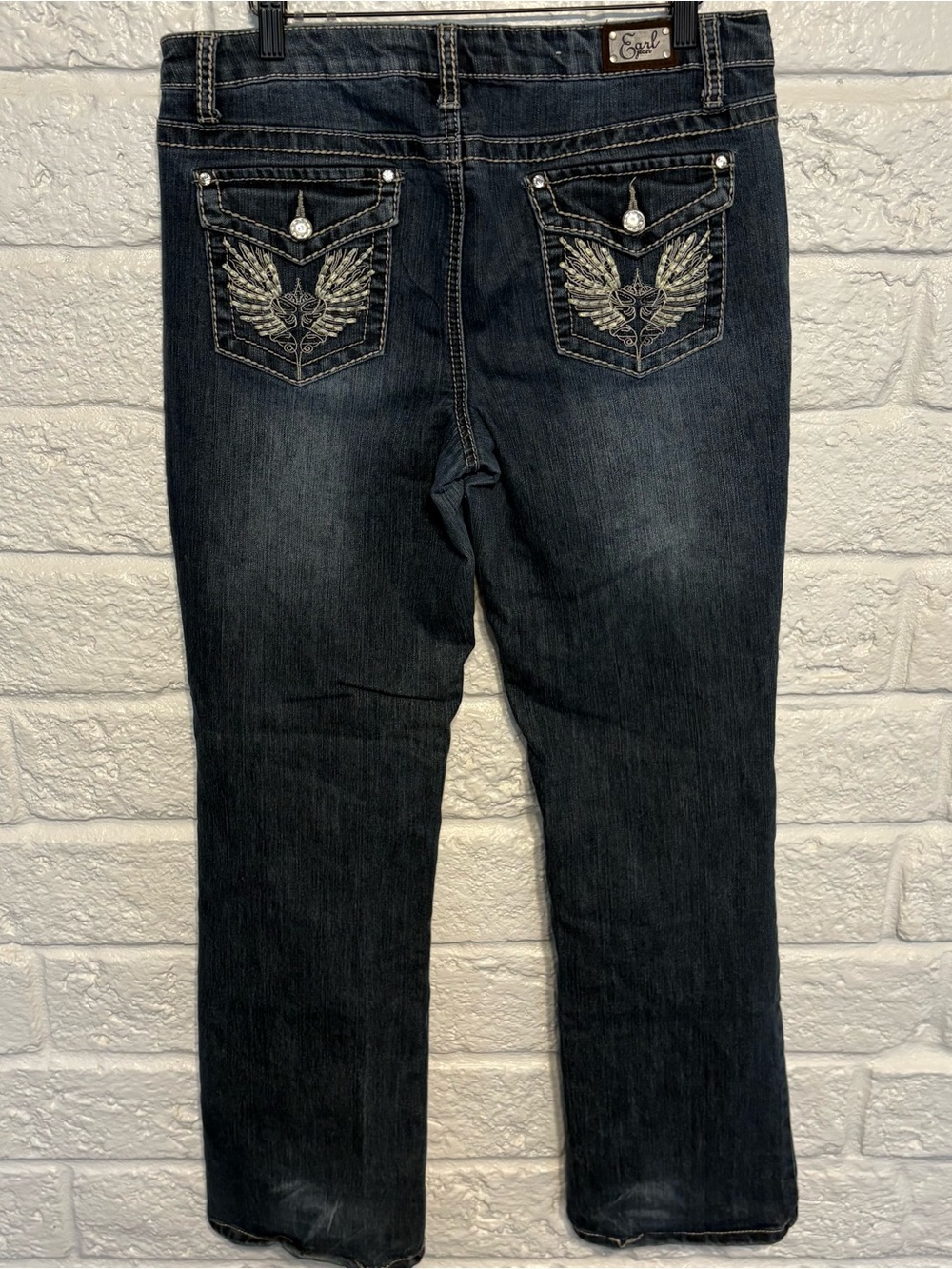 Earl Jean Medium Wash Denim Jeans Angel Wings Pockets Rhinestones Size 8